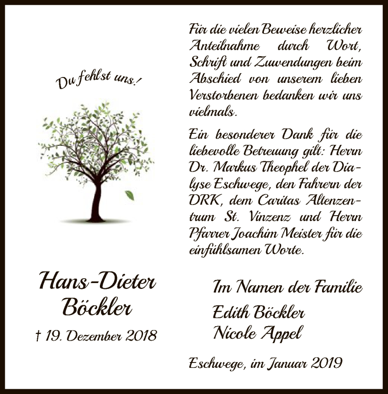  Traueranzeige für Hans-Dieter Böckler vom 23.01.2019 aus Eschwege
