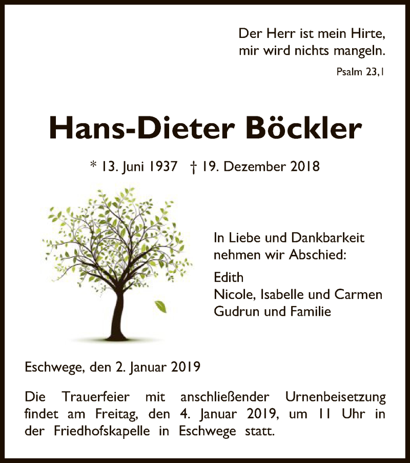  Traueranzeige für Hans-Dieter Böckler vom 02.01.2019 aus Eschwege