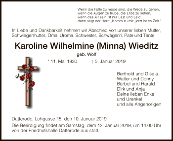 Traueranzeige von Karoline Wilhelmine Wieditz von Eschwege