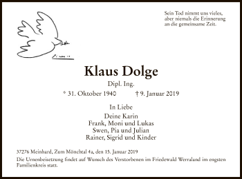 Traueranzeige von Klaus Dolge von Eschwege