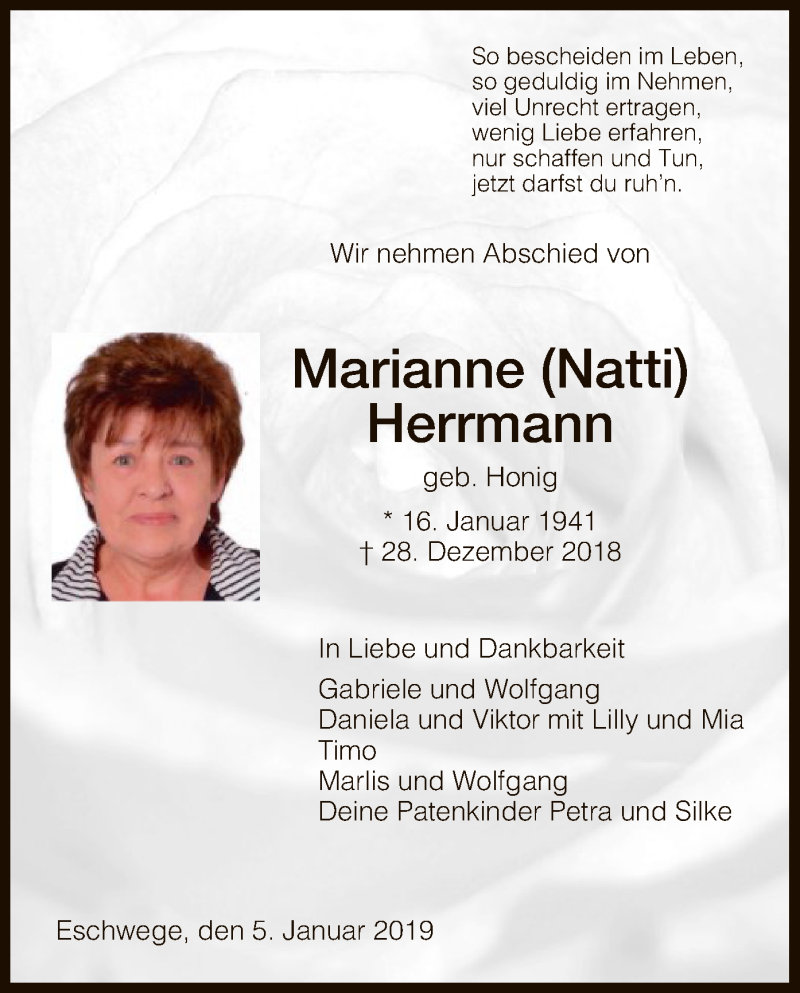  Traueranzeige für Marianne Herrmann vom 05.01.2019 aus Eschwege