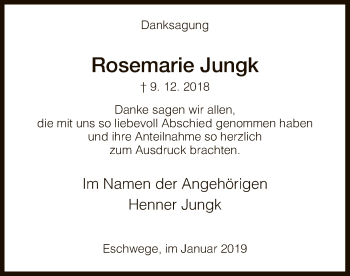 Traueranzeige von Rosemarie Jungk von Eschwege