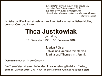 Traueranzeige von Thea Justkowiak von Eschwege