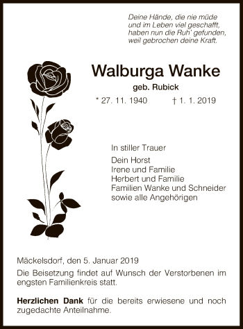 Traueranzeige von Walburga Wanke von Eschwege