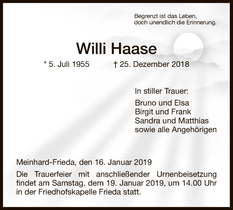  Traueranzeige für Willi Haase vom 16.01.2019 aus Eschwege