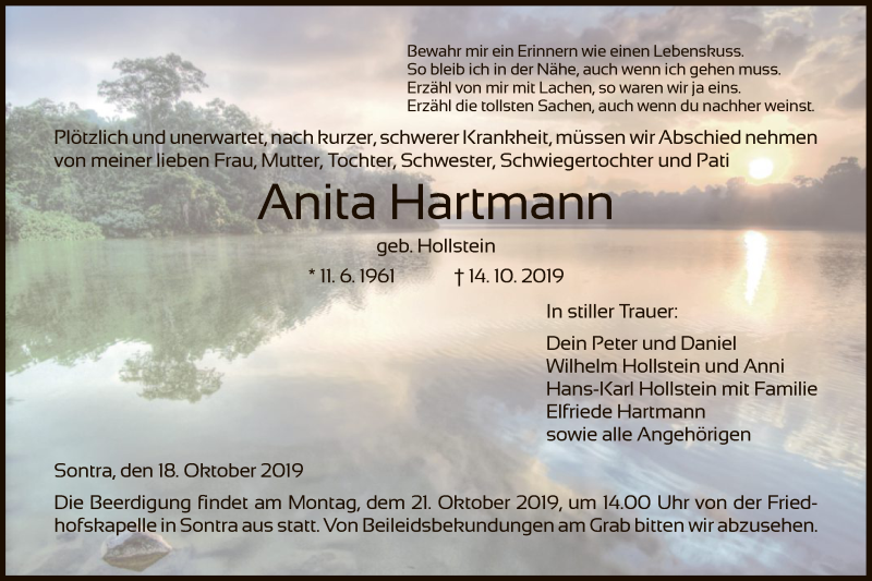  Traueranzeige für Anita Hartmann vom 18.10.2019 aus Eschwege