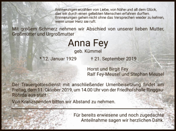 Traueranzeige von Anna Fey von Eschwege