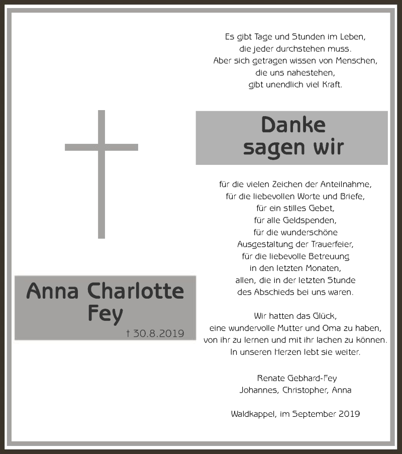  Traueranzeige für Anna Charlotte Fey vom 05.10.2019 aus Eschwege