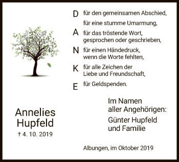 Traueranzeige von Annelies Hupfeld von Eschwege