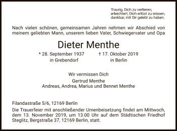 Traueranzeige von Dieter Menthe von Eschwege