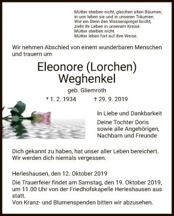 Traueranzeige von Eleonore Weghenkel von Eschwege