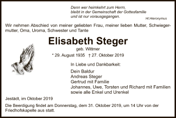 Traueranzeige von Elisabeth Steger von Eschwege