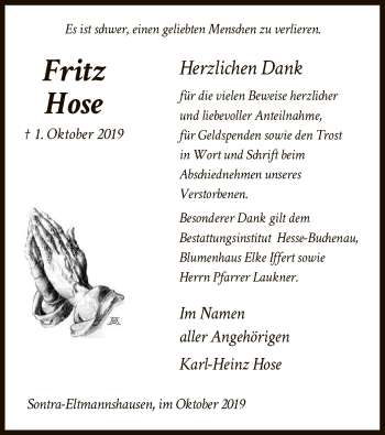 Traueranzeige von Fritz Hose von Eschwege