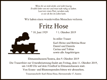 Traueranzeige von Fritz Hose von Eschwege