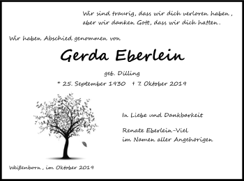 Traueranzeige von Gerda Eberlein von Eschwege