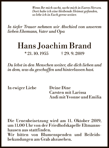 Traueranzeige von Hans Joachim Brand von Eschwege