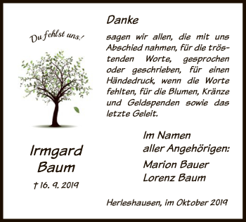 Traueranzeige von Irmgard Baum von Eschwege