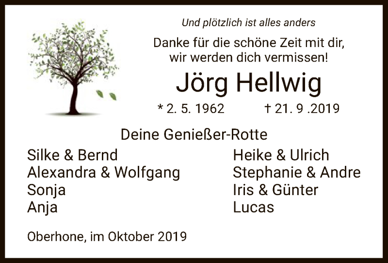  Traueranzeige für Jörg Hellwig vom 05.10.2019 aus Eschwege