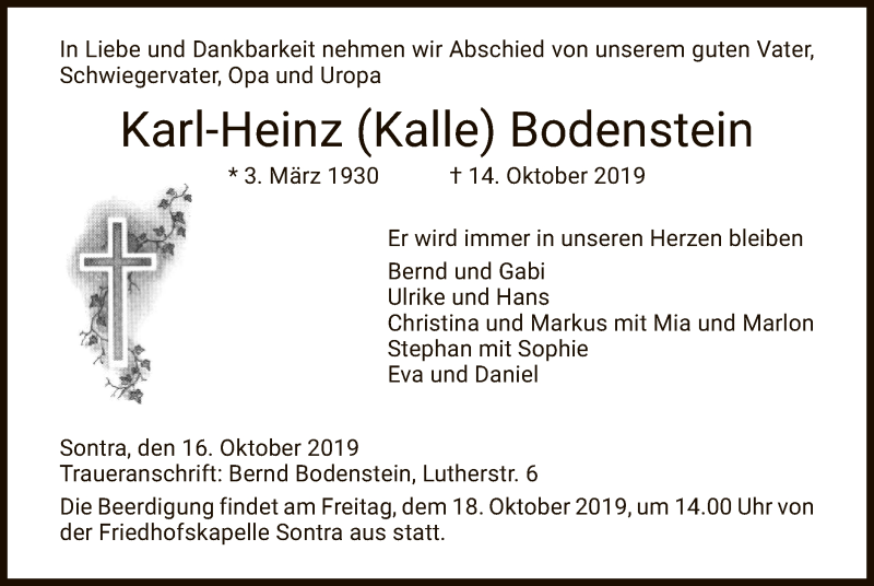  Traueranzeige für Karl-Heinz Bodenstein vom 16.10.2019 aus Eschwege