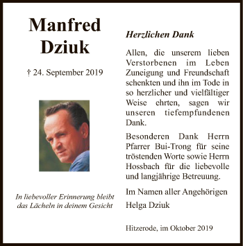 Traueranzeige von Manfred Dziuk von Eschwege