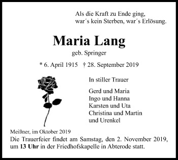 Traueranzeige von Maria Lang von Eschwege