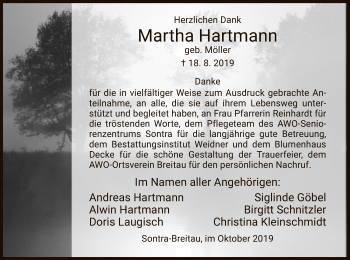 Traueranzeige von Martha Hartmann von Eschwege