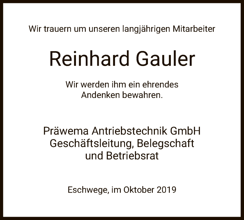  Traueranzeige für Reinhard Gauler vom 17.10.2019 aus Eschwege
