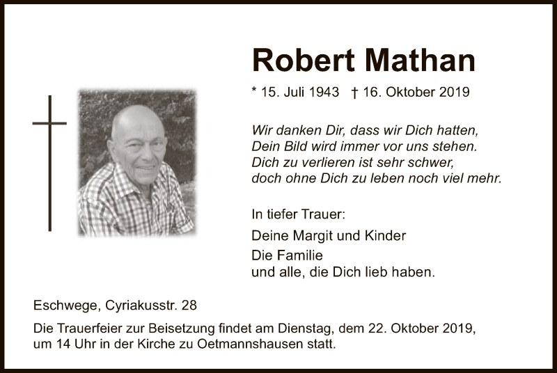  Traueranzeige für Robert Mathan vom 19.10.2019 aus Eschwege