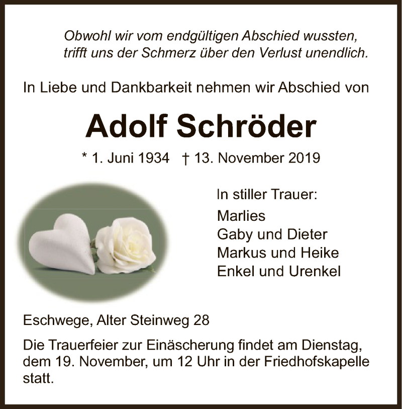  Traueranzeige für Adolf Schröder vom 16.11.2019 aus Eschwege