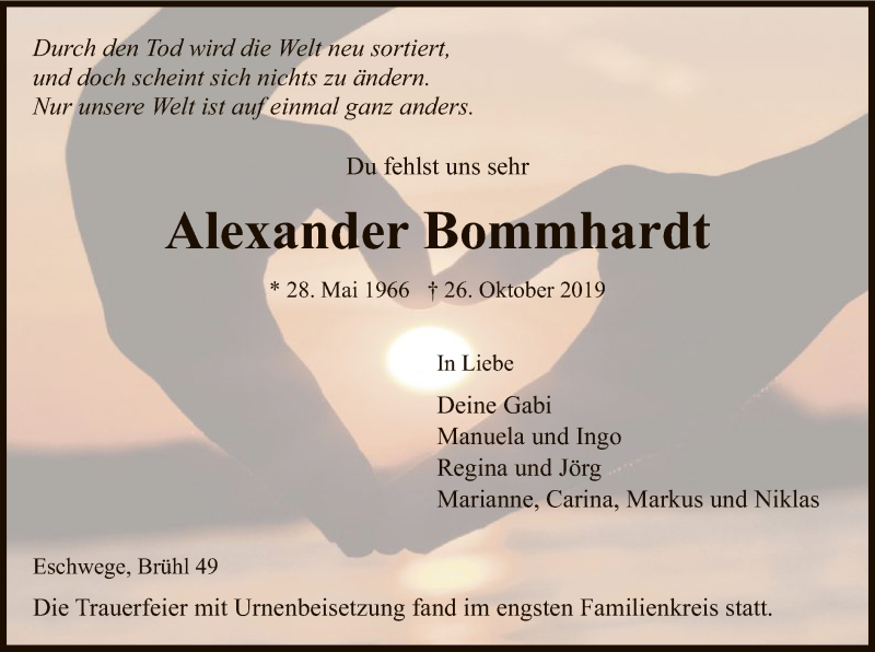  Traueranzeige für Alexander Bommhardt vom 09.11.2019 aus Eschwege