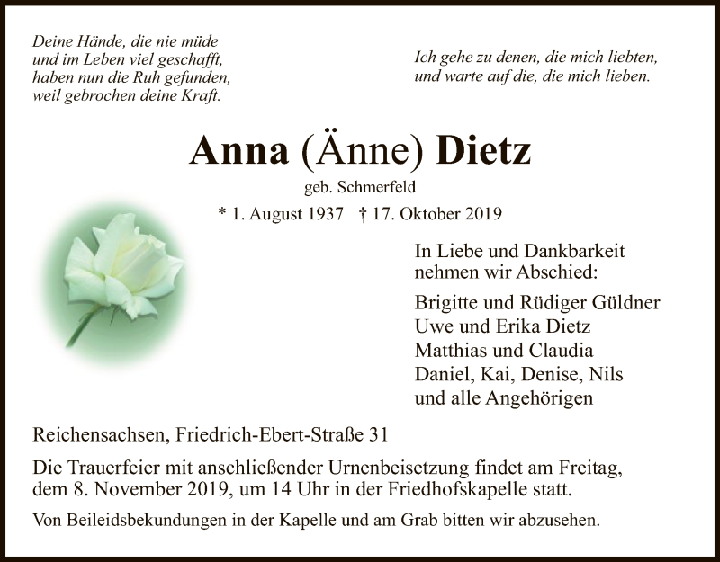  Traueranzeige für Anna Dietz vom 02.11.2019 aus Eschwege