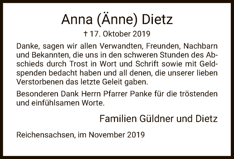  Traueranzeige für Anna Dietz vom 23.11.2019 aus Eschwege