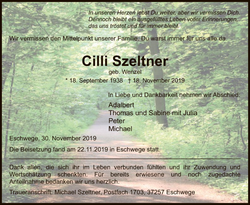 Traueranzeige für Cilli Szeltner vom 30.11.2019 aus Eschwege