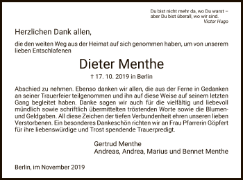 Traueranzeige von Dieter Menthe von Eschwege