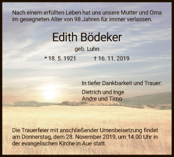 Traueranzeige von Edith Bödeker von Eschwege