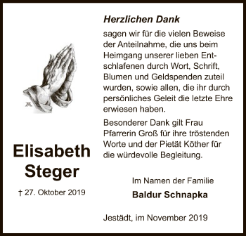 Traueranzeige von Elisabeth Steger von Eschwege