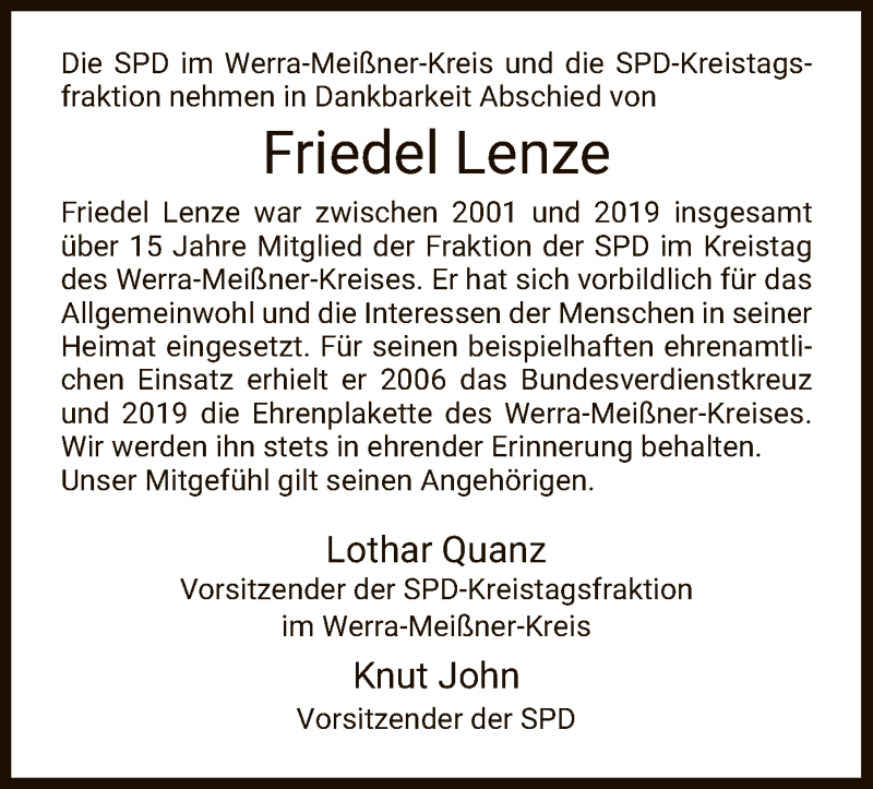  Traueranzeige für Friedel Lenze vom 09.11.2019 aus Eschwege