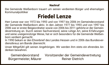 Traueranzeige von Friedel Lenze von Eschwege