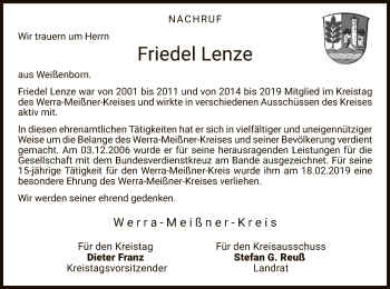 Traueranzeige von Friedel Lenze von Eschwege