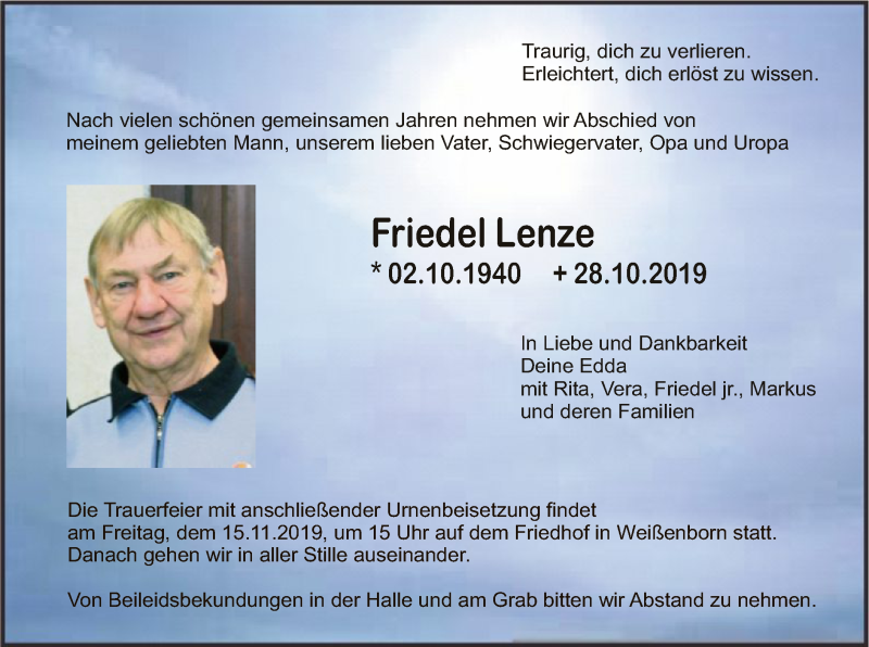  Traueranzeige für Friedel Lenze vom 09.11.2019 aus Eschwege