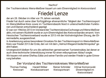 Traueranzeige von Friedel Lenze von Eschwege