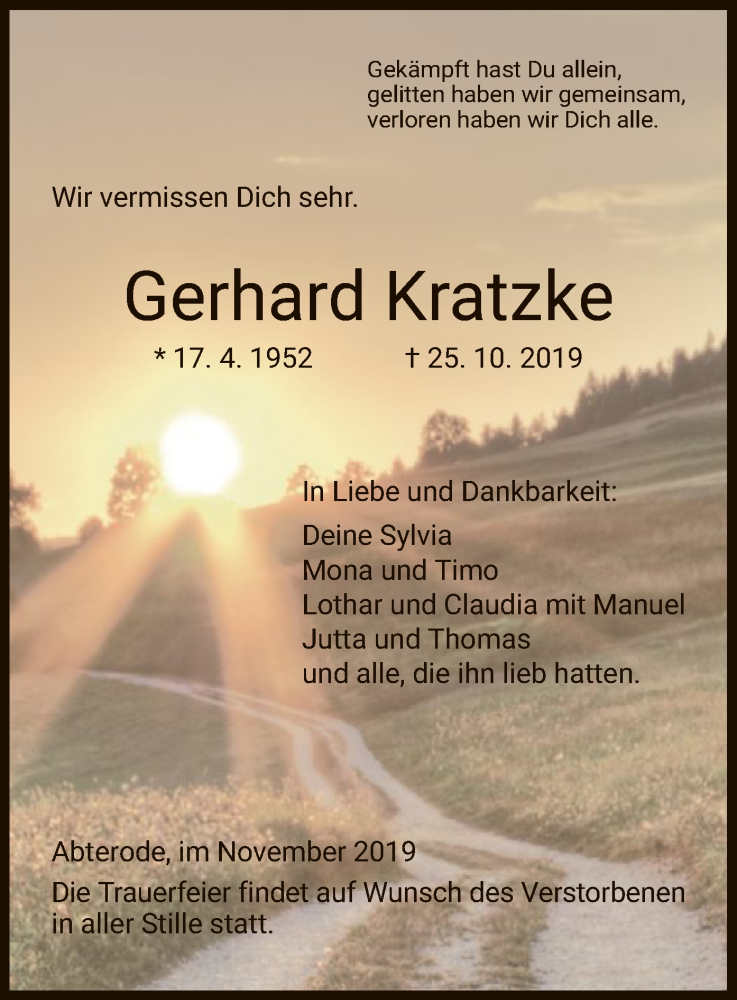  Traueranzeige für Gerhard Kratzke vom 02.11.2019 aus Eschwege