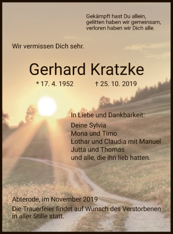 Traueranzeige von Gerhard Kratzke von Eschwege