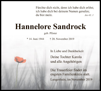 Traueranzeige von Hannelore Sandrock von Eschwege