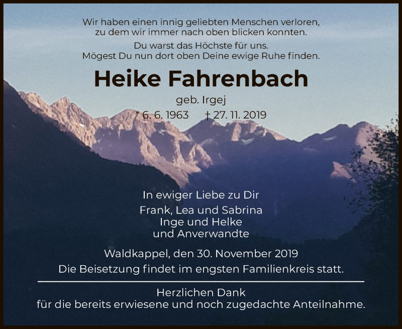  Traueranzeige für Heike Fahrenbach vom 30.11.2019 aus Eschwege
