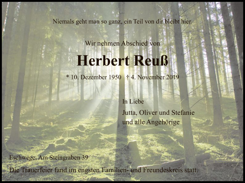  Traueranzeige für Herbert Reuß vom 08.11.2019 aus Eschwege