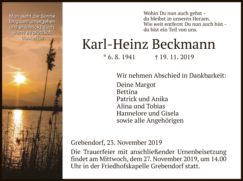  Traueranzeige für Karl-Heinz Beckmann vom 23.11.2019 aus Eschwege
