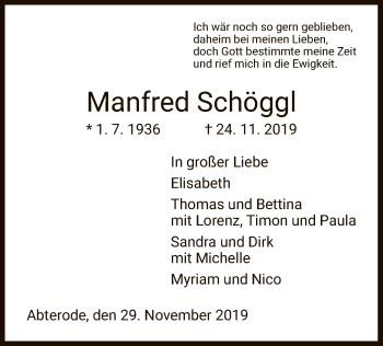 Traueranzeige von Manfred Schöggl von Eschwege