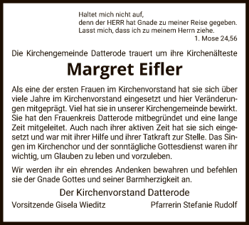 Traueranzeige von Margret Eifler von Eschwege