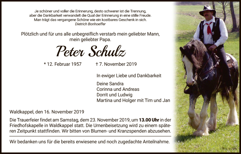  Traueranzeige für Peter Schulz vom 16.11.2019 aus Eschwege